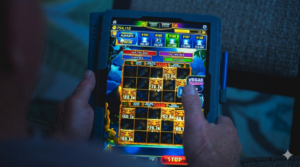 Player on a white label online casino slot game running on a tablet